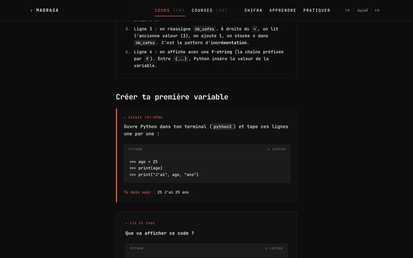Une leçon Python, avec un exercice à essayer puis un quiz